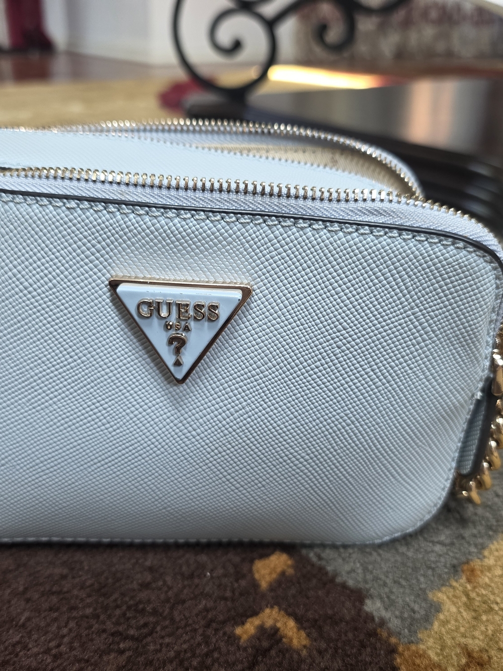 GUESS Light Blue Saffiano Crossbody with Gold Trim